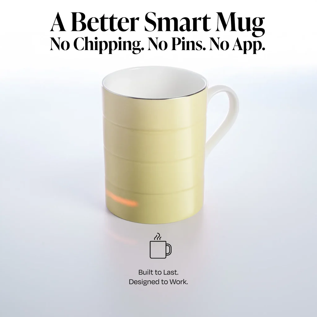 Glowstone smart mug made from fine bone china with wireless charging, no app required, no charging pins, and a durable chip-resistant design - Switching to the Glowstone Smart Mug