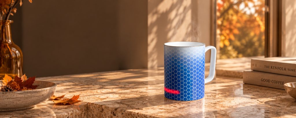 Honeycomb Glowstone Smart Mug on a sunlit counter by an autumn window.