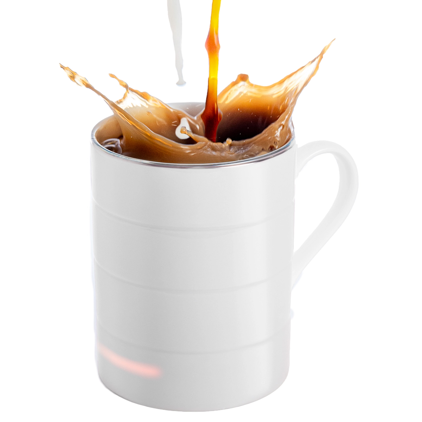 White Glowstone Smart Mug with tea or coffee and milk splashing above the rim.
